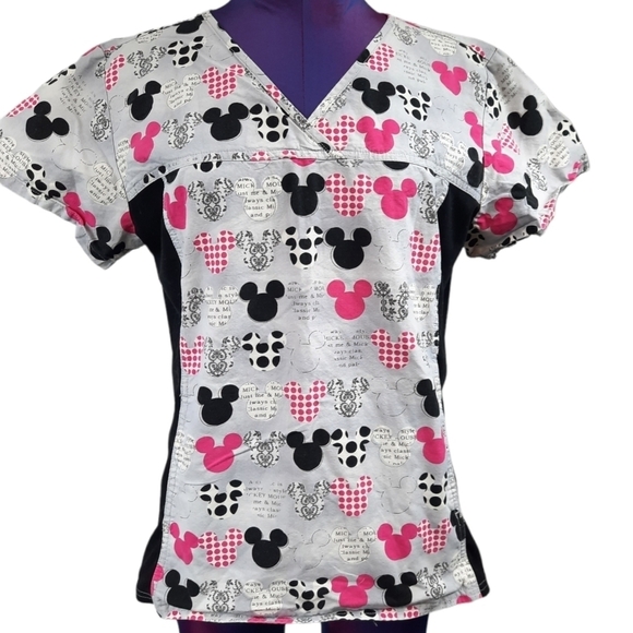 Disney Scrub Top‎ Short Sleeve Mickey Mouse Gray Pink Black Size Medium Women's - Picture 1 of 7